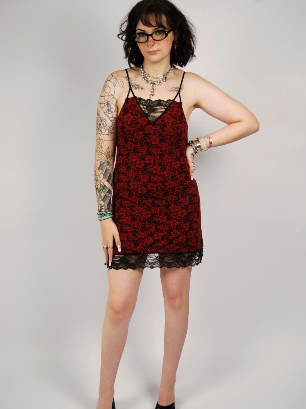 Y2K Floral Slip Dress (M) medium red black vintage mini lingerie negligee sleep